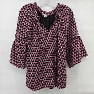 Jade Melody Tam Top Medium Pink Black Geometric Ruffle Bell Sleeve Boho Art Deco